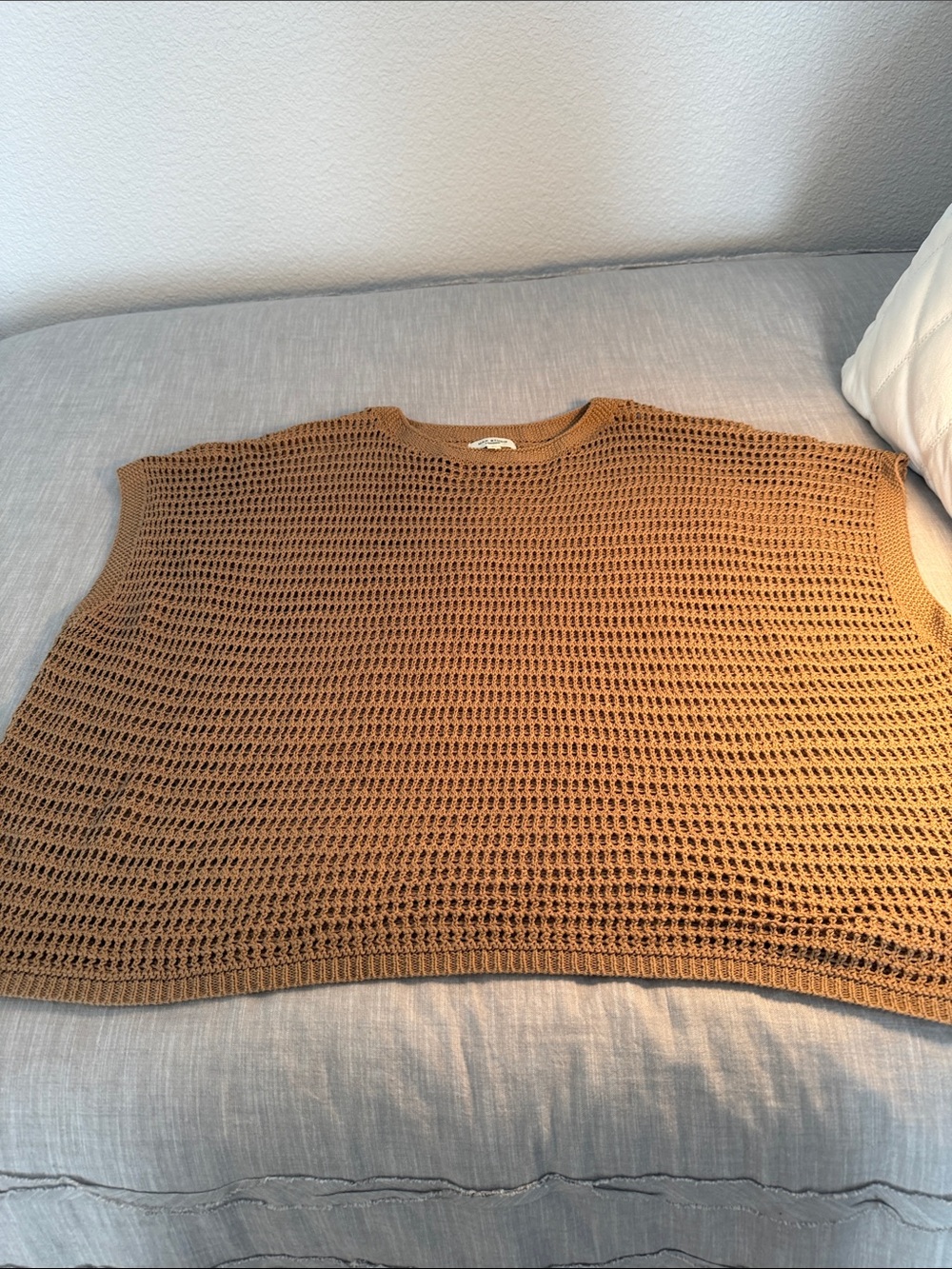 Max Studio London Open-Knit Crewneck Sweater in Tan